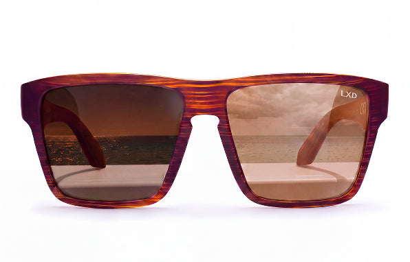 LXD square frame in red tortoise with brown photochromic lenses, front view, a sea horizon reflected in the lenses