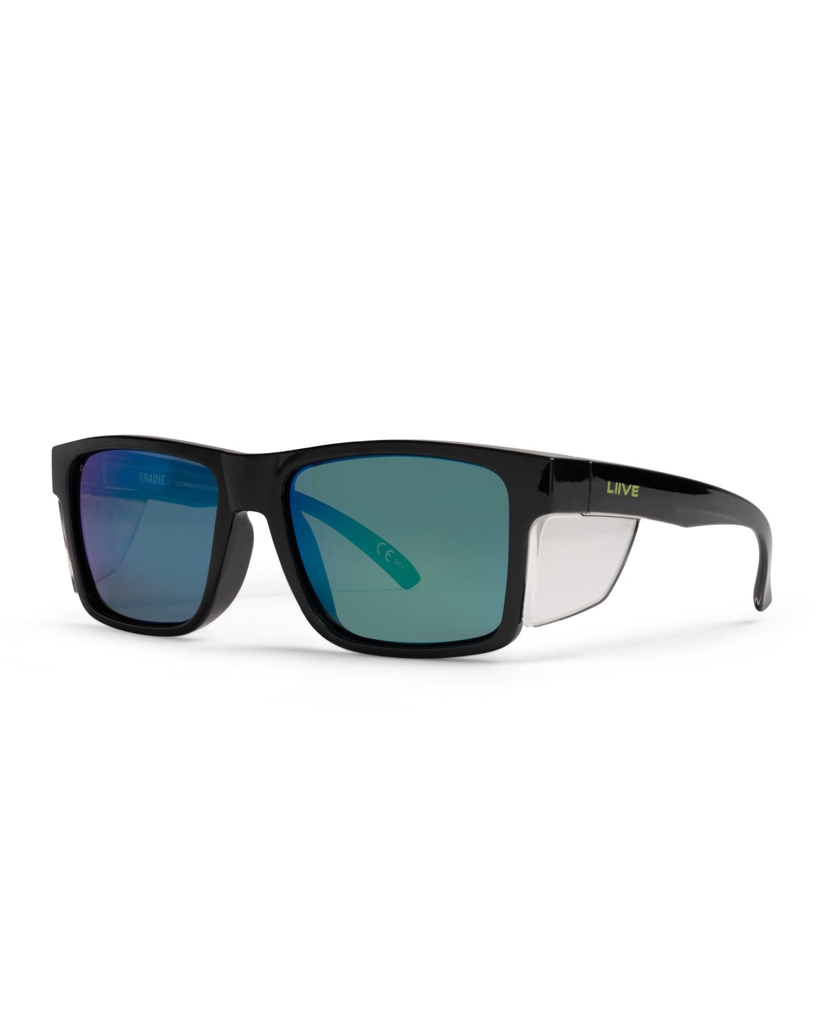 Tradie Safety | Green Mirror Polarised Black Clear Blinker | angle